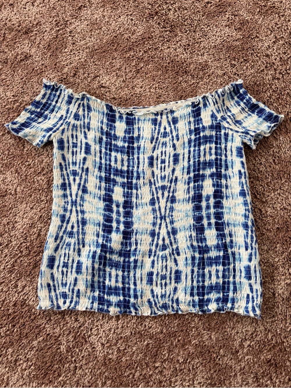 Off-Shoulder Blue and White Tie-Dye Smocked Women's Top